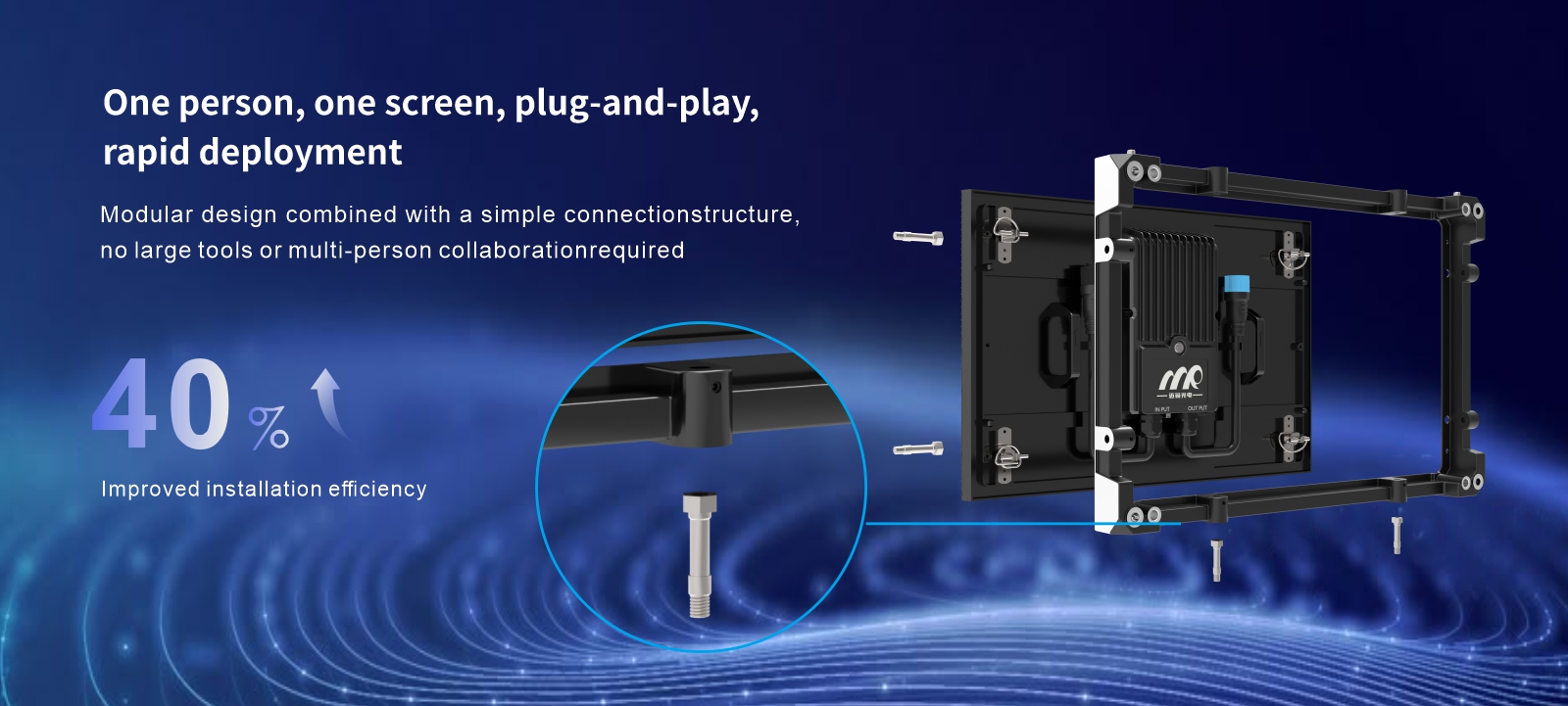 One person, one screen, plug-and-play, rapid deployment Modular design combined with a simple connectionstructure, no large tools or multi-person collaboration required 40% Improved installation efficiency