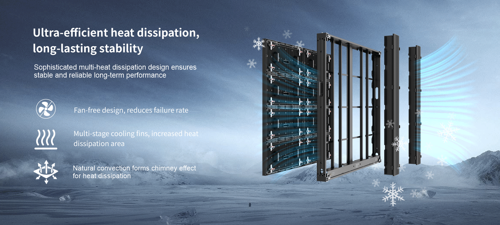 Ultra-efficient heat dissipation, long-lasting stability Sophisticated multi-heat dissipation design ensures stable and reliable long-term performance Fan-free design, reduces failure rate Multi-stage cooling fins, increased heat heat dissipation area Natural convection forms chimney effect for heat dissipation