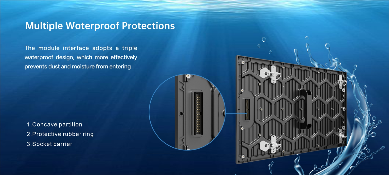 Multiple waterproof protections for enhanced safety The module interface adopts a triple waterproof design, whichmore effectively prevents dust and moisture from entering 100% Waterproof effect 1.Concave partition 2.Protective rubber ring 3.Socket barrier