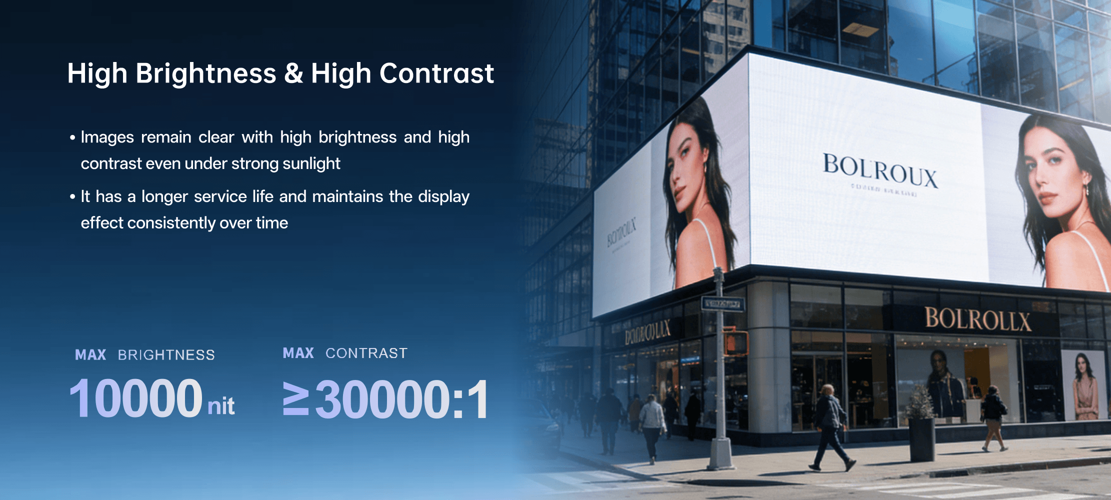 Ultra high-brightness with fade-resistant technology · It displays images clearly and brightly even under intense sunlight. · It offers a long lifespan while preserving consistent visual effects. MAX BRIGHTNESS 10000CD/m²