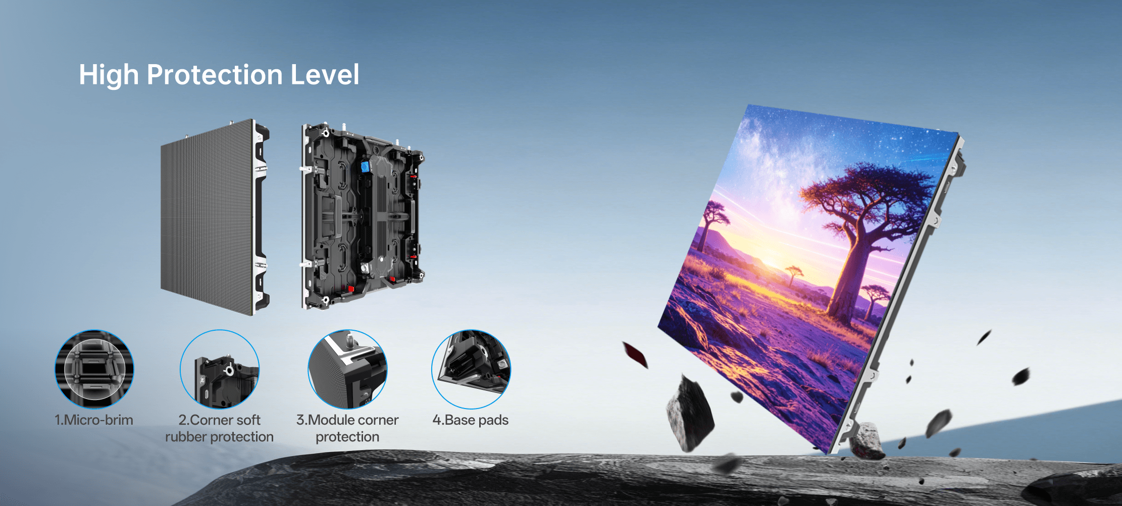 VS GOB packaging, for clearer images Non-GOB packaging effectively avoids glare issues, offering a wider viewing angle and clearer image quality. RP Series, To make the picture qualitymore transparent, Sharper visuals.
